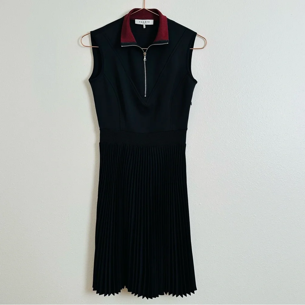 Sandro Black Sleeveless Half Zip Mock Collar Pleated Mini Dress - Picture 4 of 9